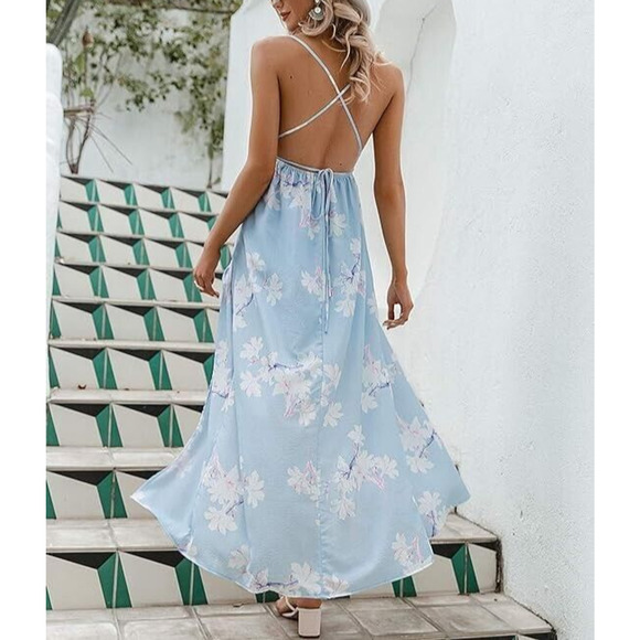 Simplee Women's Sexy Deep V Neck Backless Floral Print Split Maxi Party Dress L - Picture 2 of 12